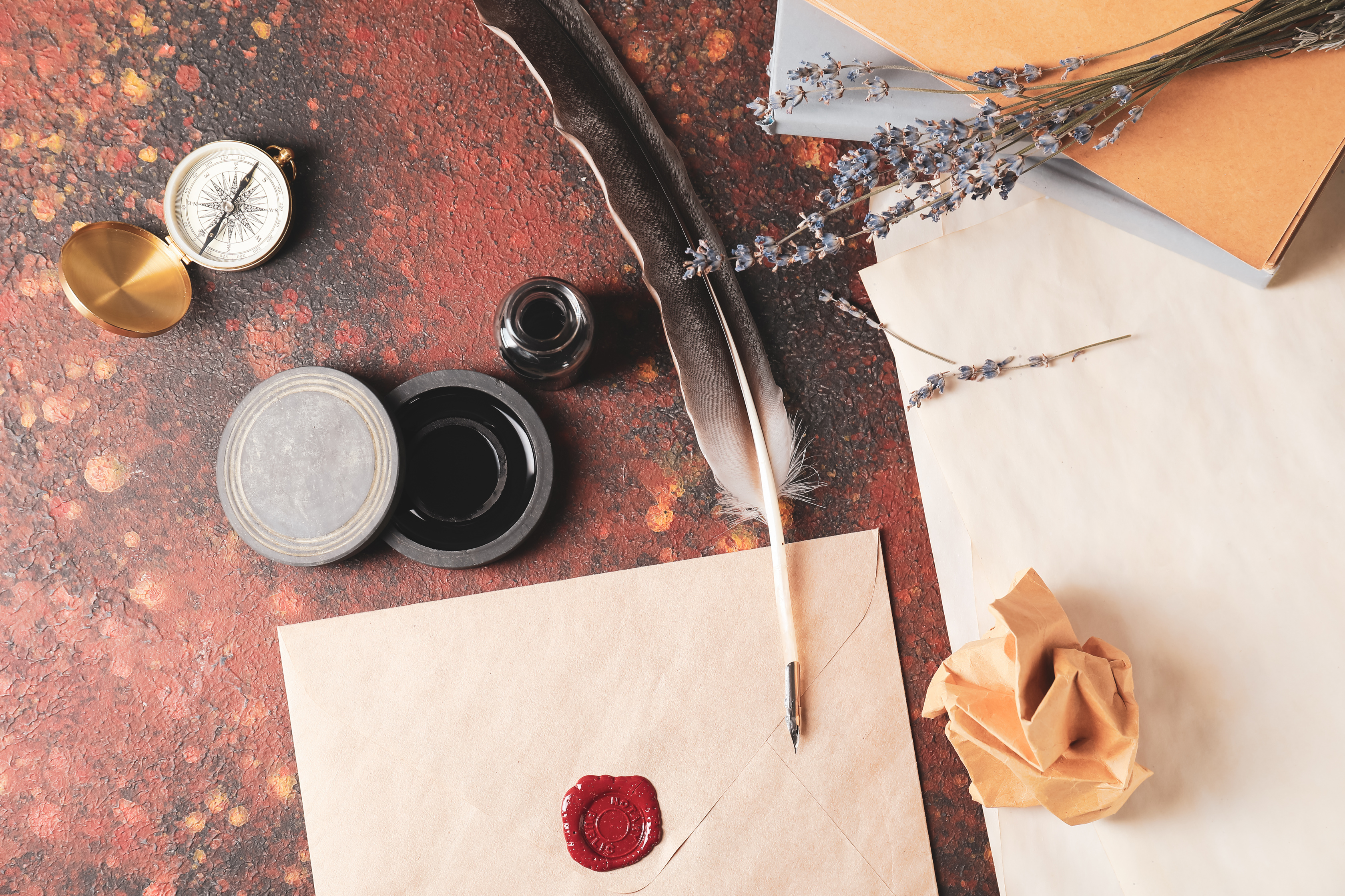 Feather Pen with Envelope and Ink